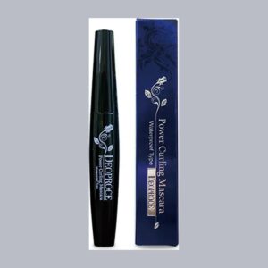 Deoproce Power Curling Mascara black tube beside a navy box with silver rose design