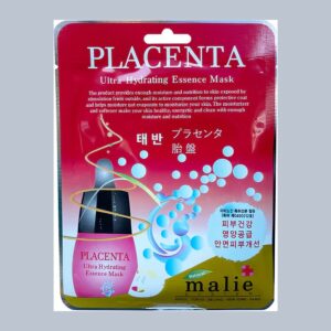 Malie System Placenta Ultra Hydrating Essence Mask pouch in pinkish red and gold with blue bubbles