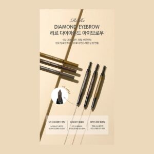 RiRe Diamond Eyebrow pencils in three brown shades with spoolies and brow swatches on a beige background