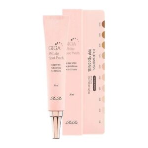 RiRe Giga White Spot Patch pale pink 30ml tube with rose gold nozzle beside its box and skin tone chart