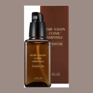 RiRe Hair Salon Clinic Ampoule amber pump bottle in front of a brown box