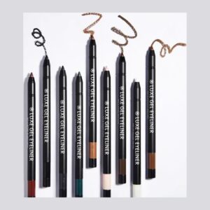 RiRe Luxe Gel Eyeliner black pencils in a row with colour swatches in black, bronze and brown