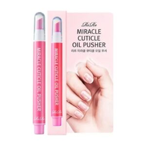 RiRe Miracle Cuticle Oil Pusher pink pen with clear cap beside its pink box showing a manicured hand