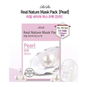 RiRe Real Nature Mask Pack Pearl lilac sachet with a pearl in an oyster shell, beside a white sheet mask