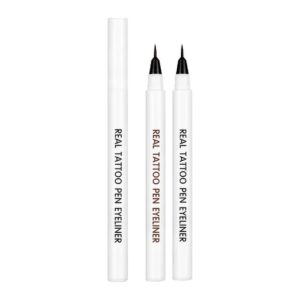RiRe Real Tattoo Pen Eyeliner white pens, one capped and two open with fine tips, in black and brown