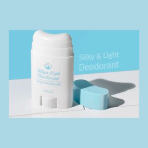 RiRe Silky & Light Deodorant white wind-up stick with its light blue cap on a blue and white background