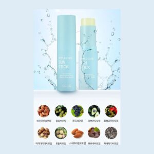 RiRe Triple Care Sun Stick light blue tube and uncapped twist-up stick against a water splash
