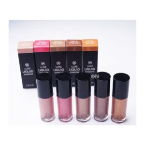RiRe Luxe Liquid Shadow five bottles with black caps in nude, pink, beige, mocha and gold, with boxes