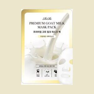 RiRe Premium Goat Milk Mask Pack white and gold sachet with a milk splash, beside a white sheet mask