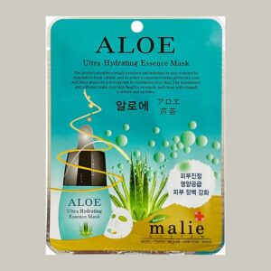 Malie System Aloe Ultra Hydrating Essence Mask pouch in teal and gold with an aloe plant