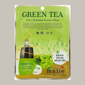 Malie System Green Tea Ultra Hydrating Essence Mask pouch in light green and gold with tea leaves