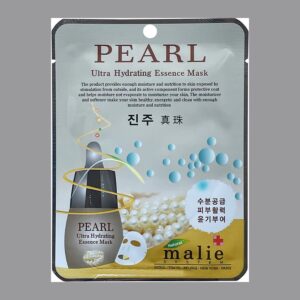 Malie System Pearl Ultra Hydrating Essence Mask pouch in silver-grey and gold with pearls