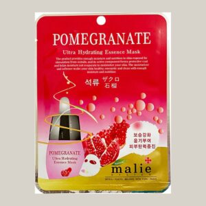 Malie System Pomegranate Ultra Hydrating Essence Mask pouch in pink and gold with pomegranate