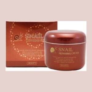 Jigott Snail Reparing Cream 100g deep red jar with gold snail logo beside its box