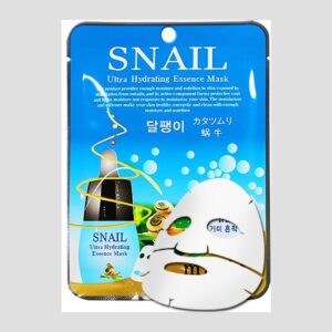 Malie System Snail Ultra Hydrating Essence Mask pouch in blue with an unfolded white sheet mask