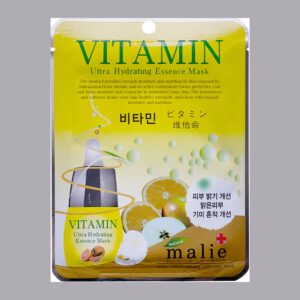 Malie System Vitamin Ultra Hydrating Essence Mask pouch in yellow and gold with citrus and apple