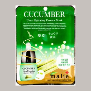 Malie System Cucumber Ultra Hydrating Essence Mask pouch in green and gold with cucumbers