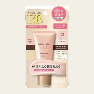 Meishoku Moist Labo BB Essence Cream 02 Shiny Beige pink tube on a beige Japanese blister card