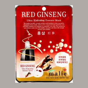 Malie System Red Ginseng Ultra Hydrating Essence Mask pouch in red and gold with ginseng roots