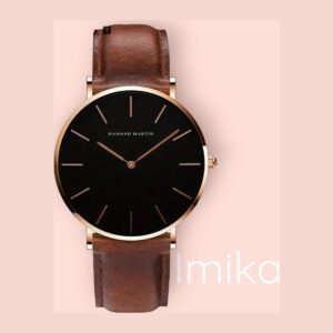 Hannah Martin watch with black dial, rose-gold tone case and markers, and a brown stitched strap