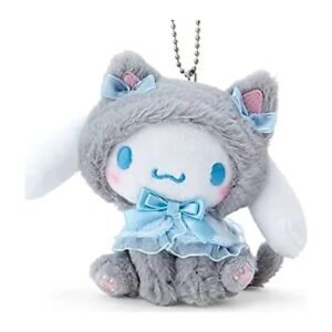 Cinnamoroll plush keychain in a grey cat-ear hood with pale blue satin bows and ruffle cape on a ball chain