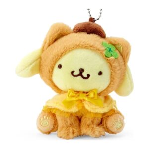 Pompompurin plush keychain in a caramel cat-ear hood with beret, green clover and yellow bow