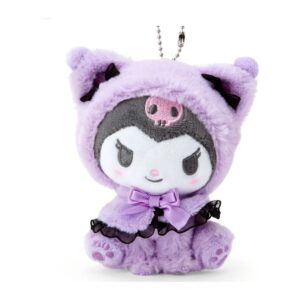 Kuromi plush keychain in a lilac cat-ear hood with purple satin bow and black ruffle collar on a ball chain