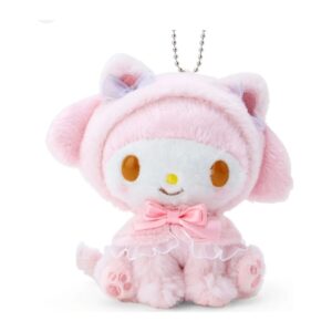 My Melody plush keychain in a pink cat-ear hood with pink satin bow and ruffle collar on a silver ball chain