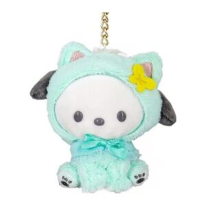 Pochacco plush keychain in a mint cat-ear hood with mint satin bow and yellow felt flower on a gold chain