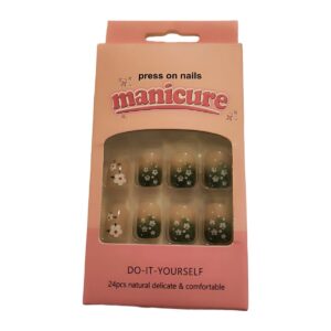 Press-on nails manicure box, Floral design: green ombre nails with white flowers in a pink box
