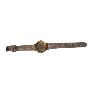 Floral watch with grey dial, rose-gold flowers and a grey faux leather strap with white and pink blossom print