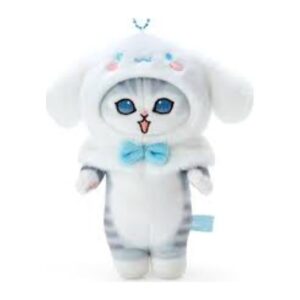 Sanrio x mofusand plush keychain: smiling tabby cat in a white Cinnamoroll hood and blue bow tie