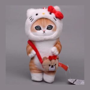 Sanrio x mofusand plush keychain: ginger tabby cat in a white Hello Kitty hood with red bow and bear-face bag