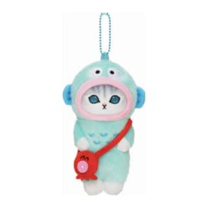Sanrio x mofusand plush keychain: tabby cat in a mint Hangyodon fish suit with red octopus bag on a ball chain