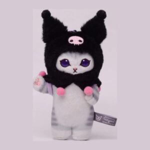 Sanrio x mofusand plush keychain: grey tabby cat in a black Kuromi hood with pink skull and pink pom-poms