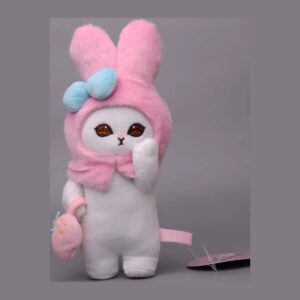 Sanrio x mofusand plush keychain: white cat in a pink My Melody bunny-ear hood holding a strawberry bag
