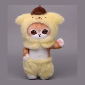Sanrio x mofusand plush keychain: ginger and white cat in a pale yellow Pompompurin hood with brown beret
