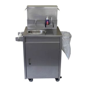 Stainless steel portable handwash station with basin, tap, soap shelf, cabinet door and wheels