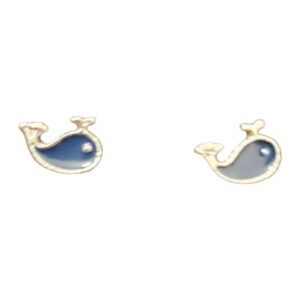 Pair of small whale earrings with blue fill and silver-tone outline on a white background